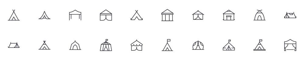 Camping tent line icon collection for infographics, applications, web sites, banners and other purposes. Set of editable stokes for design vector