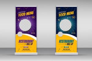 Delicious food menu roll-up banner design template for restaurant in purple and blue color bundle, modern and special fast food menu design pull-up banner for business promotion set vector