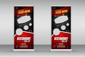 delicioso comida menú enrollar bandera diseño modelo para restaurante negro y rojo color forma manojo, moderno y especial rápido comida menú diseño levantar bandera para negocio promoción conjunto vector