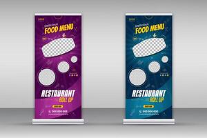 delicioso comida menú enrollar bandera diseño modelo para restaurante en púrpura y azul color manojo, moderno y especial rápido comida menú diseño levantar bandera para negocio promoción conjunto vector