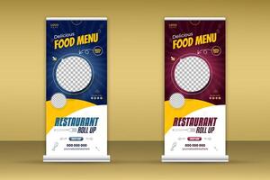 Delicious food menu roll-up banner design template for restaurant in blue and red color bundle, modern and special fast food menu design pull-up banner for business promotion set vector