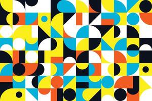 Bold and colorful geometric background with a playful mix of shapes in blue, yellow, black, and white vector