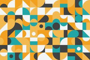 Abstract geometric background with a vibrant blend of orange, teal, black, and white shapes, featuring circles, semi-circles, and squares vector