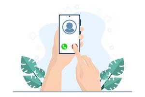 Incoming call concept. phone with incoming call screen. Hand holding mobile phone, finger touch screen. Accept or reject call concept. Modern concept. Flat design illustration. vector