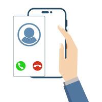 Incoming call concept. phone with incoming call screen. Hand holding mobile phone, finger touch screen. Accept or reject call concept. Modern concept. Flat design illustration. vector