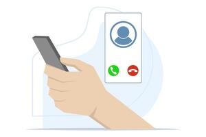 Incoming call concept. phone with incoming call screen. Hand holding mobile phone, finger touch screen. Accept or reject call concept. Modern concept. Flat design illustration. vector