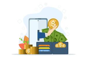 concepto de haciendo dinero desde teléfono inteligente o Internet, en línea pago, en línea negocio o Lanza libre. lata ser usado para aterrizaje página, web, ui, bandera, plantilla, fondo, volantes, póster. vector