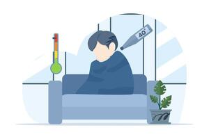 Fever man concept. cold man, cold sufferer, sitting on sofa with sore throat and fever. illustration for fever management, education, epidemic concept. flat illustration. vector