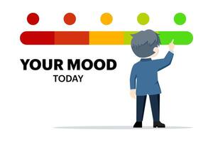 The concept of showing a person's mood. a man points to a mood icon in green as a happy symbol. This design is suitable for posters, moods, presentations and more. vector