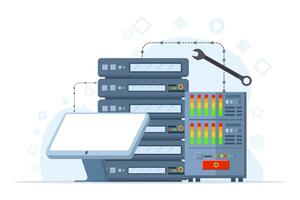 hardware and software maintenance concept, People working on problem location, technical support. Can be used for websites and mobile websites or landing pages. Easy to edit and customize. vector