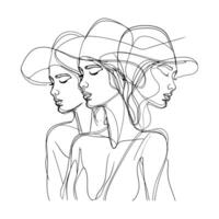 Continuous Line Art Woman, Nude Girl Poster, Michael Jackson style hat on the girls head, One line girl or woman portrait design, A line drawing of three women with their eyes closed, Minimalist Art vector