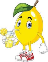 Cute lemon cartoon drinking lemonade vector