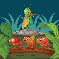 Cartoon ant and grasshopper in the garden vector