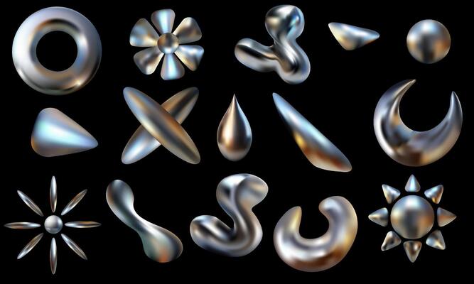 metal 3D shapes in Y2K style on a black background