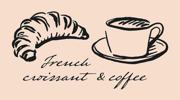 cuerno y café francés desayuno Pastelería bosquejo tinta dibujo mano dibujado ilustración parisino niña estilo de vida Moda estético elemento para pegatina póster impresión decoración elegante lujoso estético vector