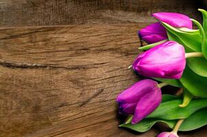 Bouquet of beautiful tulips on wooden background. Tulips on old boards photo