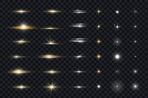 brillante partículas de luz, destello y centelleo de estrellas colocar, Starburst y ligero partículas bokeh efecto en antecedentes. ilustración diseño elementos vector