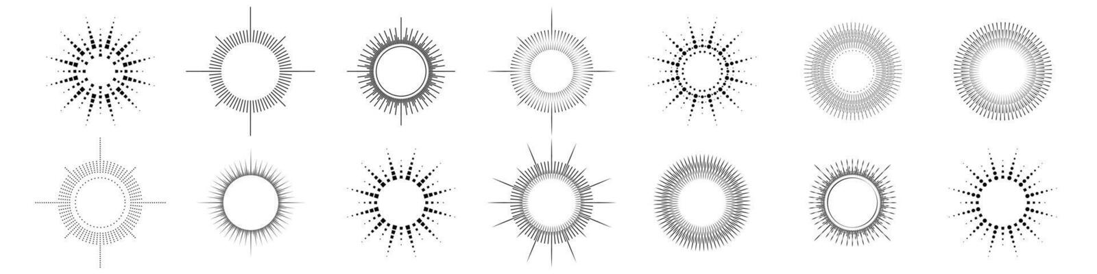 Fireworks. Vintage sunburst collection. Bursting sun rays.Logotype or lettering design element. Radial sunset beams. illustration