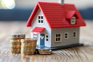 Wooden house model surrounded by coin stacks, symbolizing real estate investment and savings photo