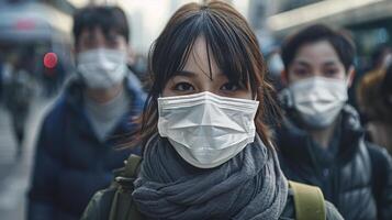 personas vistiendo cara mascaras a proteger sí mismos desde aire contaminación. foto