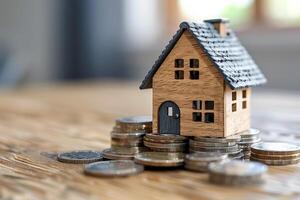 Wooden house model surrounded by coin stacks, symbolizing real estate investment and savings photo