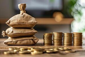 Sacks of money incrementally stacked beside rising gold coin stacks, financial growth concept photo