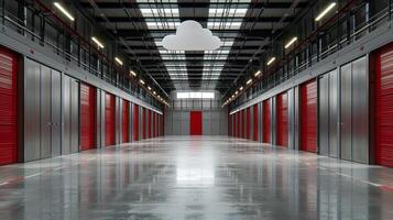 A sleek warehouse corridor lined with red storage units under a symbolic cloud photo