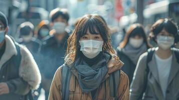 personas vistiendo cara mascaras a proteger sí mismos desde aire contaminación. foto