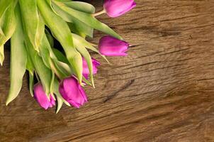 Bouquet of beautiful tulips on wooden background. Tulips on old boards photo