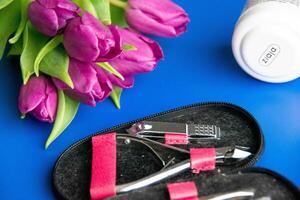 herramientas y productos cosméticos necesario para uña peinado en un blanco antecedentes. foto
