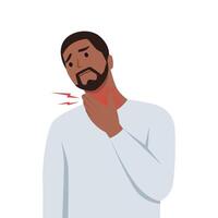 Young man touching his neck because having sore throat. vector