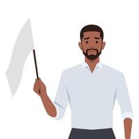 Sad businessman waving white flag metaphor of surrendering or giving. vector