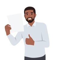 Young black man shows a sheet with the contract with thumb up. vector