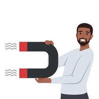 Cheerful black businessman holds big magnet. vector