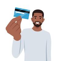 Happy young businessman showing credit, debit, ATM card. vector