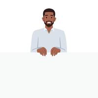 Young man presenting something holding empty blank board. vector