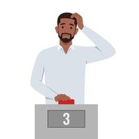 Young Man Thinking and Holding Button on Question and Answer Game. vector