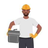 joven hombre construcción trabajador en casco y uniforme, hombre con caja de herramientas y bricolaje herramientas. vector