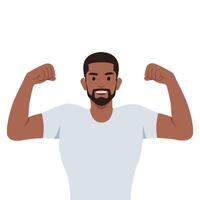 atractivo joven negro muscular hombre flexionando bíceps y sonriente contento. vector