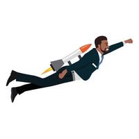 Young black businessman flying with jet pack illustration. vector