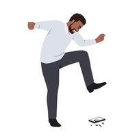 Angry black businessman throwing his mobile phone. vector