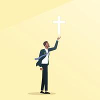 Jesus Christ son of God leading young happy businessman to shining. vector