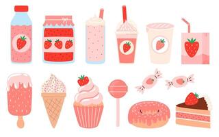 fresa comida y bebida colocar. verano refrescante bebidas, dulces y postres con el gusto de fresas fresa justo. plano ilustración aislado en blanco antecedentes vector