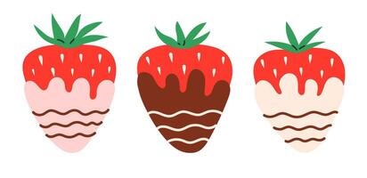 Strawberries in chocolate set. Sweet strawberry in chocolate fondue snack. Flat illustration isolated on white background vector