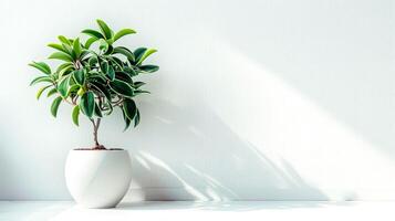 Houseplant ficus in a white pot on a white background, copy space. photo