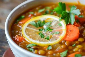 Lentil soup, garnished with a slice of lemon and fresh herbs. photo