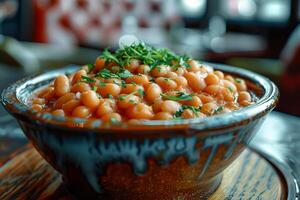 Beans baked in tomato sauce, sprinkled with fresh chopped herbs. photo