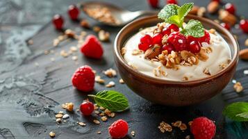 Homemade yogurt with fruits, berries and nuts in a bowl. photo