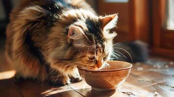 Fluffy domestic cat willingly eats from a ceramic bowl in akitchen. photo