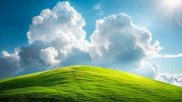 Landscape with clouds resting on a green hillside in sunlight. photo